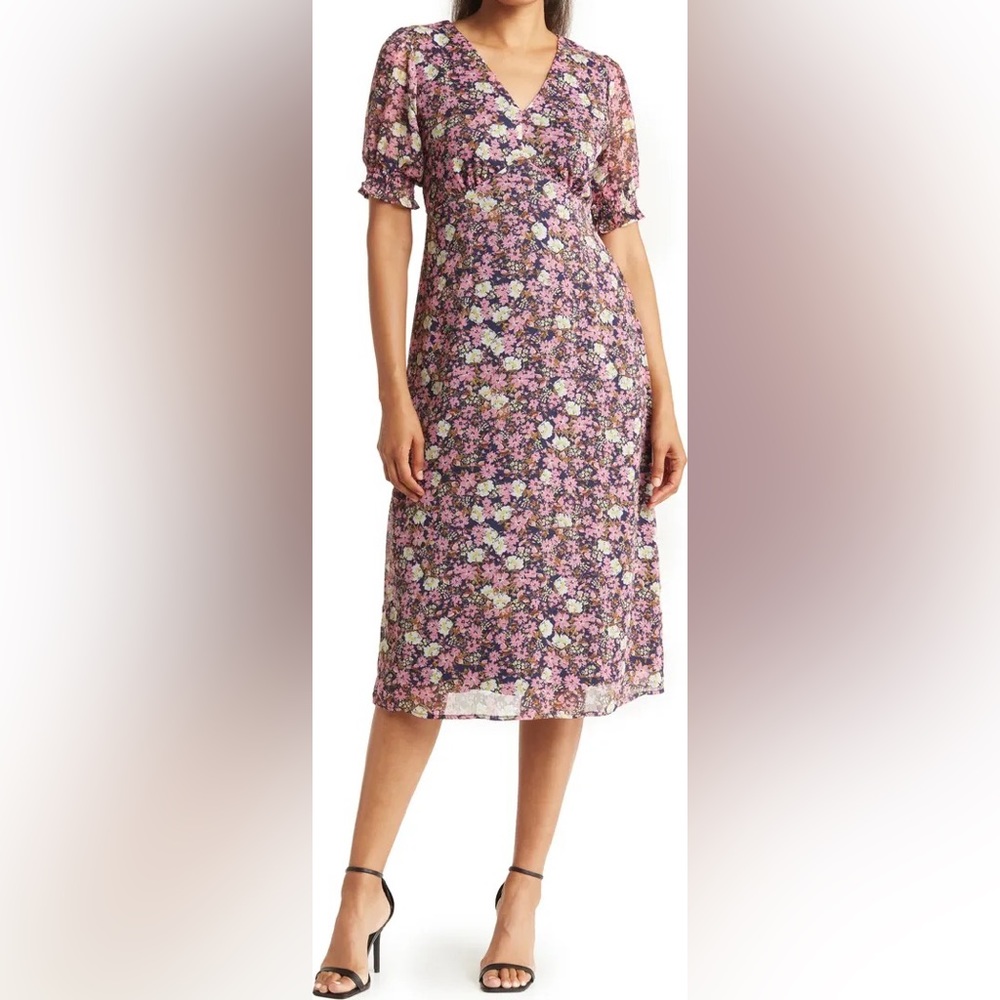 Collective concepts floral print puff sleeve midi dress. Navy and pink. Medium